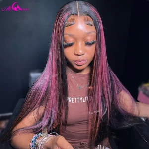 Highlight Pink Straight Lace Front Wig Human Hair 13×4 Lace Frontal Wig For Black Women Brazilian Natural Hairline Remy Wig