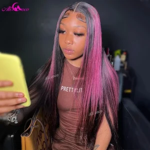 Highlight Pink Straight Lace Front Wig Human Hair 13×4 Lace Frontal Wig For Black Women Brazilian Natural Hairline Remy Wig