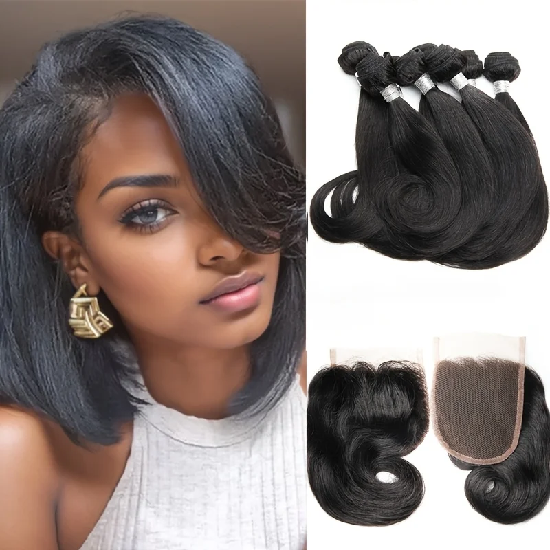 Human Hair Bundles 8Pcs Bundles With Closure 10A Unprocessed Body Wave Virgin Short Bob Hair Bundle with 4x4 lace Closure