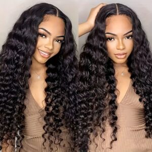 Peruvian Deep Wave Hair With 5×5 Lace Closure Unprocessed Human Hair Bundles With Lace Closure Free Part Transparent Lace Virgin Human Hair Wet And Wavy Weave Hair