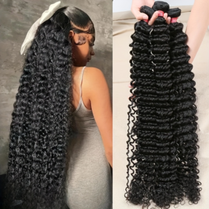 Deep Wave Human Hair Bundles 100% Brazilian Hair Bundles Unprocessed Virgin Weave Deep Curly Human Hair Bundles 3 Bundles Double Weft Hair Bundles Natural Black Color Full And Thick Bundles For Women