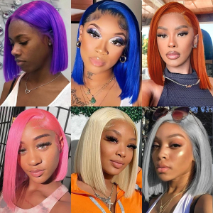Human Hair Wig Grey Bob Wigs 200% 13×4 HD Transparent Ginger Orange Lace Front Bob Blunt Cut Straight Colored Wigs Pre Plucked
