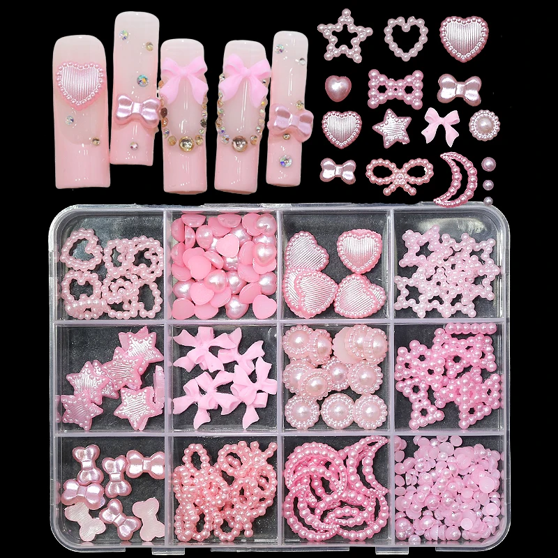 Wholesale 12 Grid 3d Set Bow Knot Nail Decoration Flatback Pearl Beads Flower Resin Nail Art Charms With Tweezer Pickup Pencil