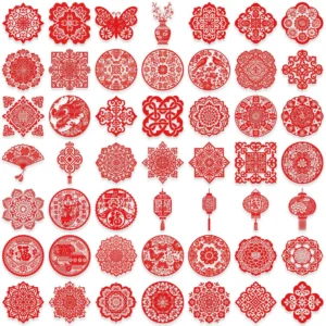 50 Pcs/Bag Die Cut Transparent PET Sticker Lunar New Year Window Decoration Clear Waterproof Labels with Silicone Adhesive