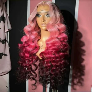 Custom Pink Long 13×4 Ombre Highlights Lace Front Wigs for Women Loose Wave Straight Wig Wholesale Glueless Cuticle Aligned Wig