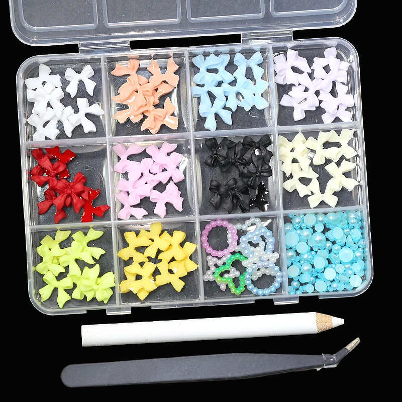 Wholesale 12 Grid 3d Set Bow Knot Nail Decoration Flatback Pearl Beads Flower Resin Nail Art Charms With Tweezer Pickup Pencil - Image 5