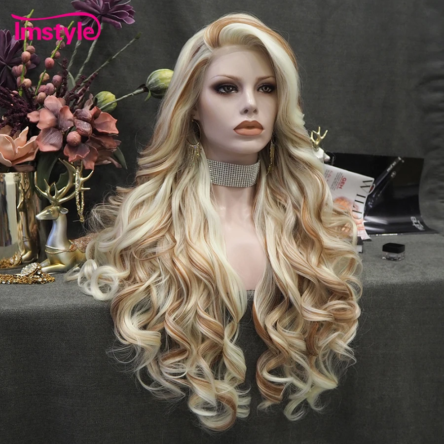 Imstyle Highlight Blonde Brown Wig Synthetic Lace Front Wig Long Wavy Wigs For Women Heat Resistant Fiber Hair Mixed Color Wig - Image 2
