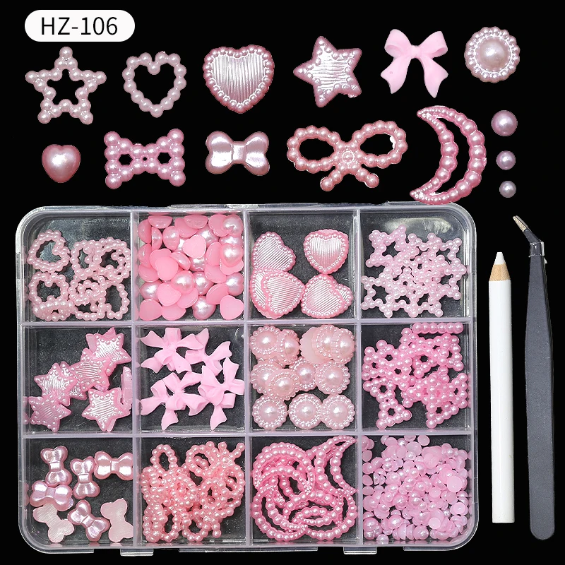 Wholesale 12 Grid 3d Set Bow Knot Nail Decoration Flatback Pearl Beads Flower Resin Nail Art Charms With Tweezer Pickup Pencil - Image 13
