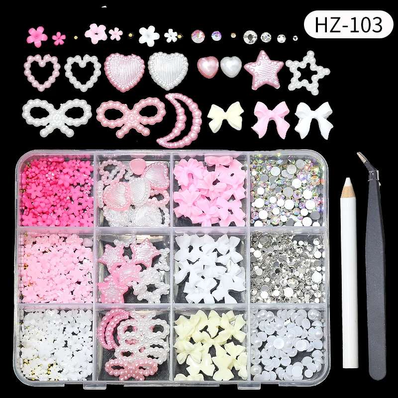 Wholesale 12 Grid 3d Set Bow Knot Nail Decoration Flatback Pearl Beads Flower Resin Nail Art Charms With Tweezer Pickup Pencil - Image 10