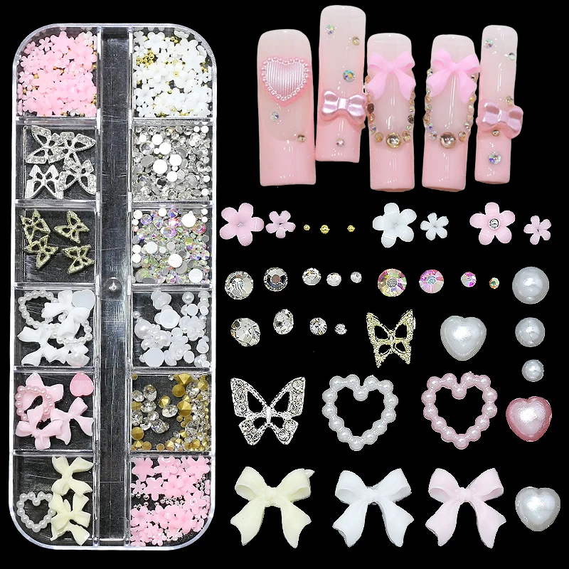 Wholesale 12 Grid 3d Set Bow Knot Nail Decoration Flatback Pearl Beads Flower Resin Nail Art Charms With Tweezer Pickup Pencil - Image 3