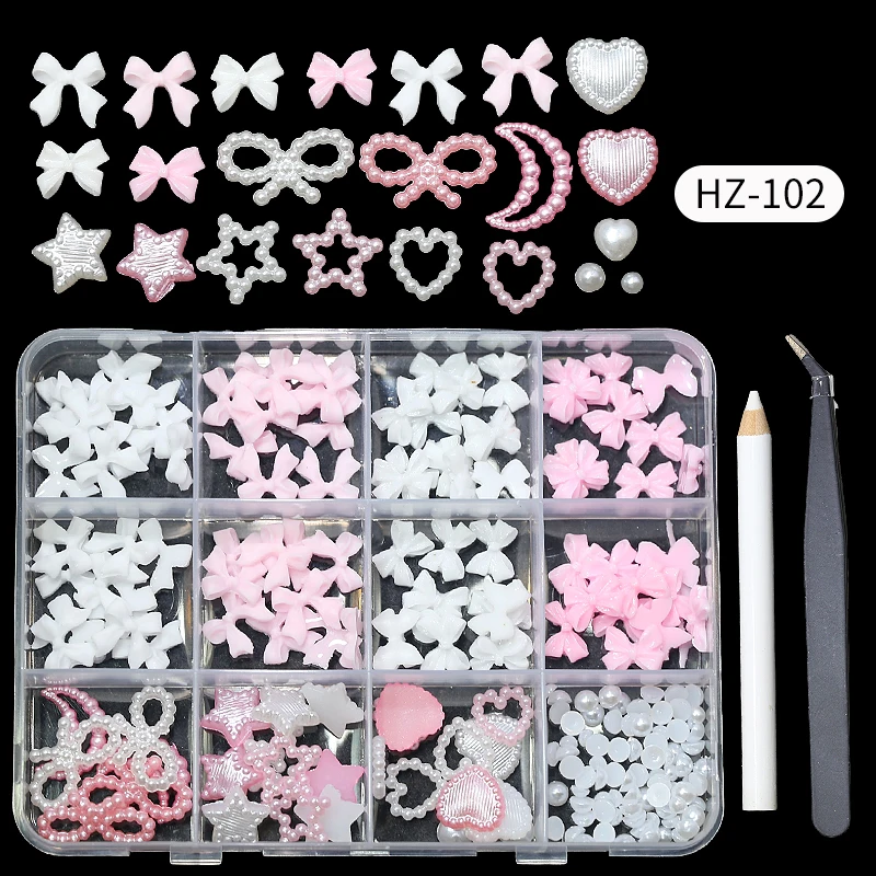Wholesale 12 Grid 3d Set Bow Knot Nail Decoration Flatback Pearl Beads Flower Resin Nail Art Charms With Tweezer Pickup Pencil - Image 9