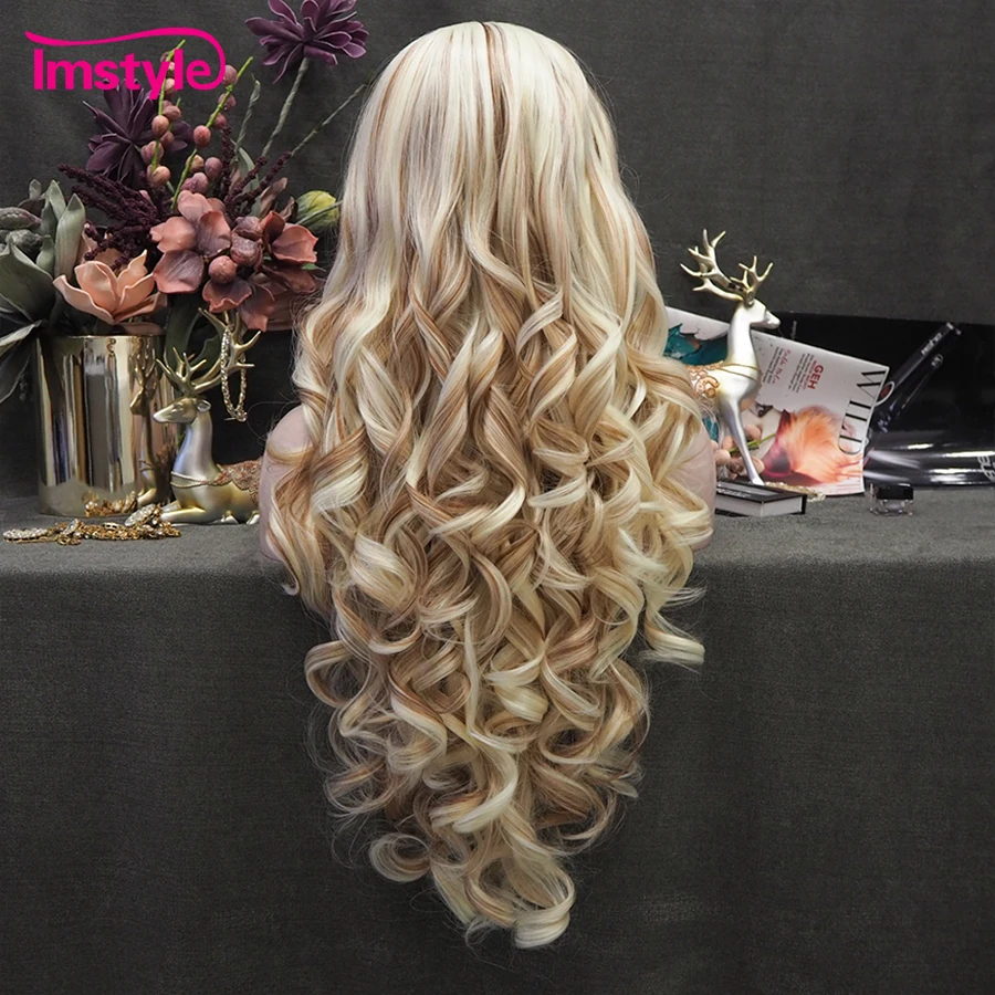 Imstyle Highlight Blonde Brown Wig Synthetic Lace Front Wig Long Wavy Wigs For Women Heat Resistant Fiber Hair Mixed Color Wig - Image 3