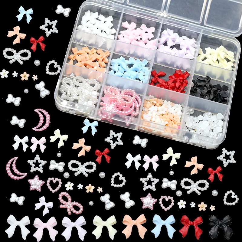 Wholesale 12 Grid 3d Set Bow Knot Nail Decoration Flatback Pearl Beads Flower Resin Nail Art Charms With Tweezer Pickup Pencil - Image 2