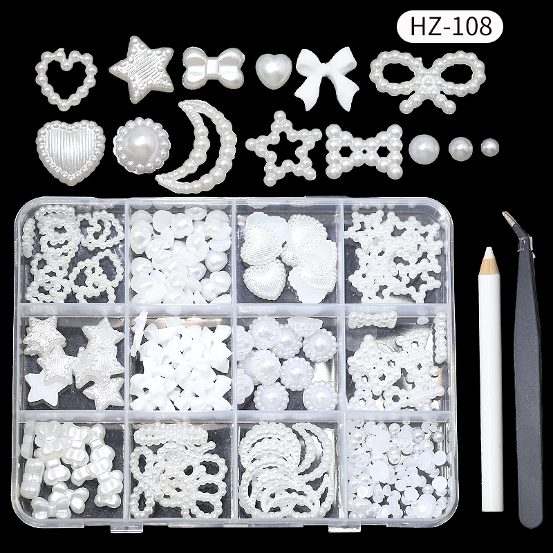 Wholesale 12 Grid 3d Set Bow Knot Nail Decoration Flatback Pearl Beads Flower Resin Nail Art Charms With Tweezer Pickup Pencil - Image 14