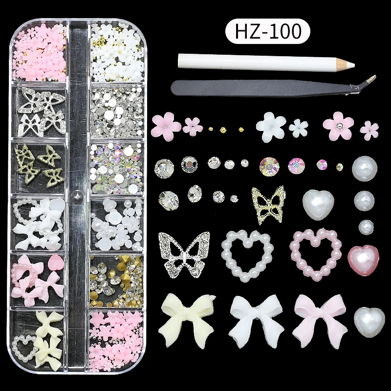 Wholesale 12 Grid 3d Set Bow Knot Nail Decoration Flatback Pearl Beads Flower Resin Nail Art Charms With Tweezer Pickup Pencil - Image 7