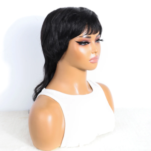 Human Hair Mullet Wig With Bangs Dovetail Natural Black Pixie Cut Full Machine Made Wigs
