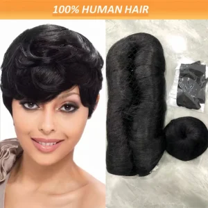 28PCS Brazilian Short Human Hair Extensions #1B One Pack For A Full Head 100% Human Hair Bundles With Free Closure Straight