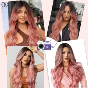Ombre Pink Synthetic Wigs For Women Natural Wig Female Ombre Long Natural Hair Colorful Middle Part Heat Resistant Cosplay Daily