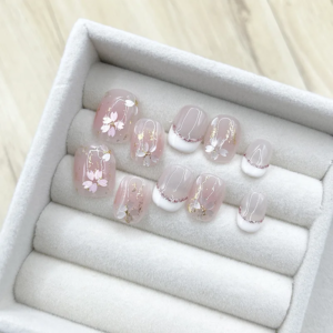 10Pcs Handmade Nails Gentle Pink with Cherry Blossom&Glitter Accents French Tip False Nail for Women&Girl Removable Wear Nail