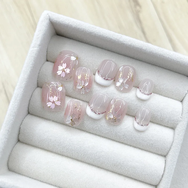 10Pcs Handmade Nails Gentle Pink with Cherry Blossom&Glitter Accents French Tip False Nail for Women&Girl Removable Wear Nail - Image 2