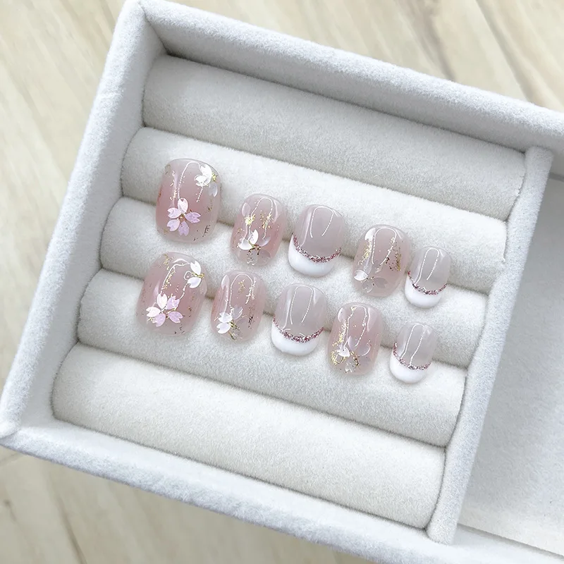 10Pcs Handmade Nails Gentle Pink with Cherry Blossom&Glitter Accents French Tip False Nail for Women&Girl Removable Wear Nail
