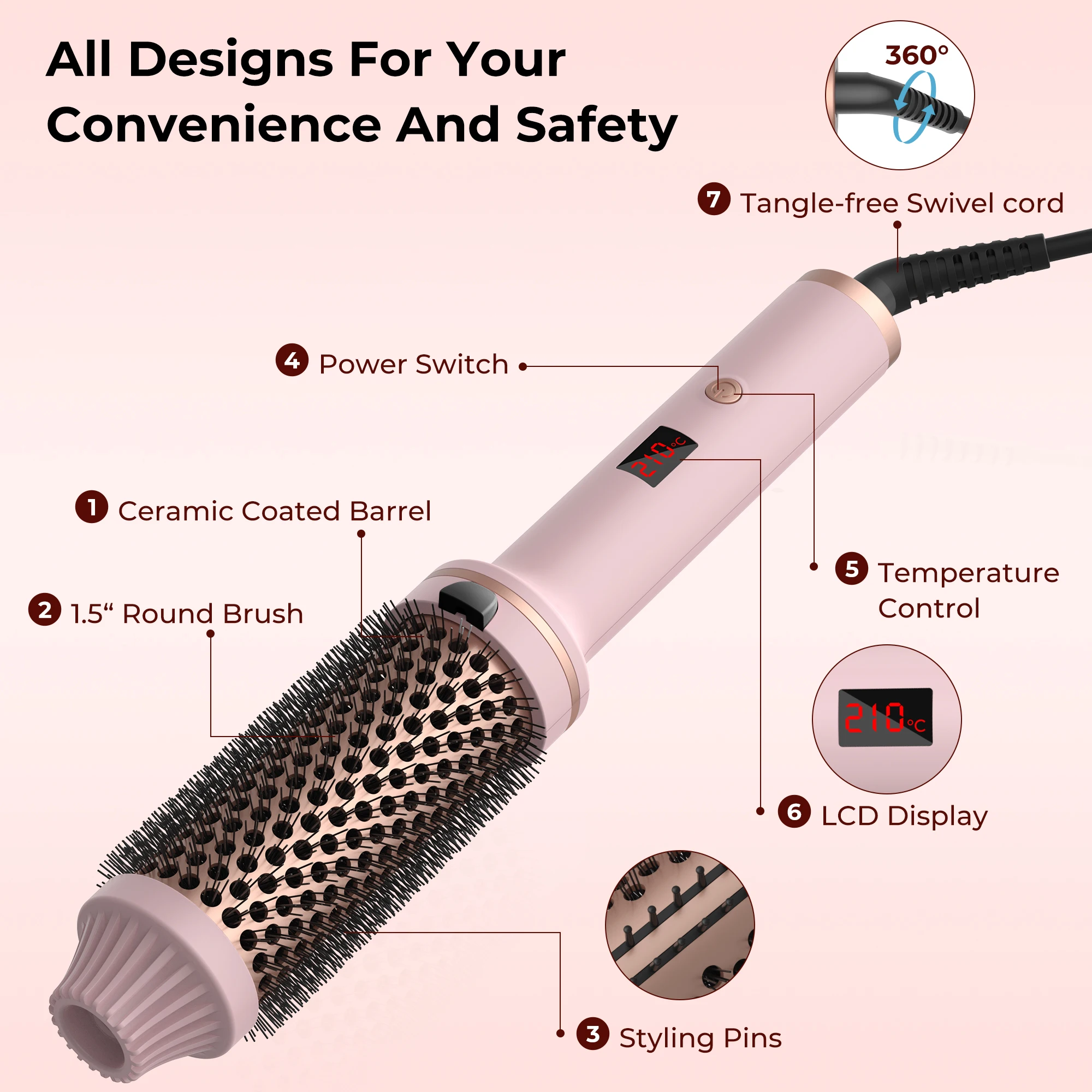 Curling Iron Brush PTC Heated Thermal Brush Ceramic Hair Curler Hot Brush Create Loose & Volume Curls Heating Hair Styling Brush - Image 2