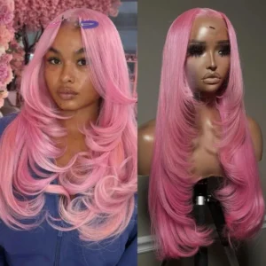 Pink Wig Layered Cut Bone Straight Lace Front Wig PrePlucked 13×4 HD Lace Frontal Wig Synthetic High Quality Daily Wear Cosplay