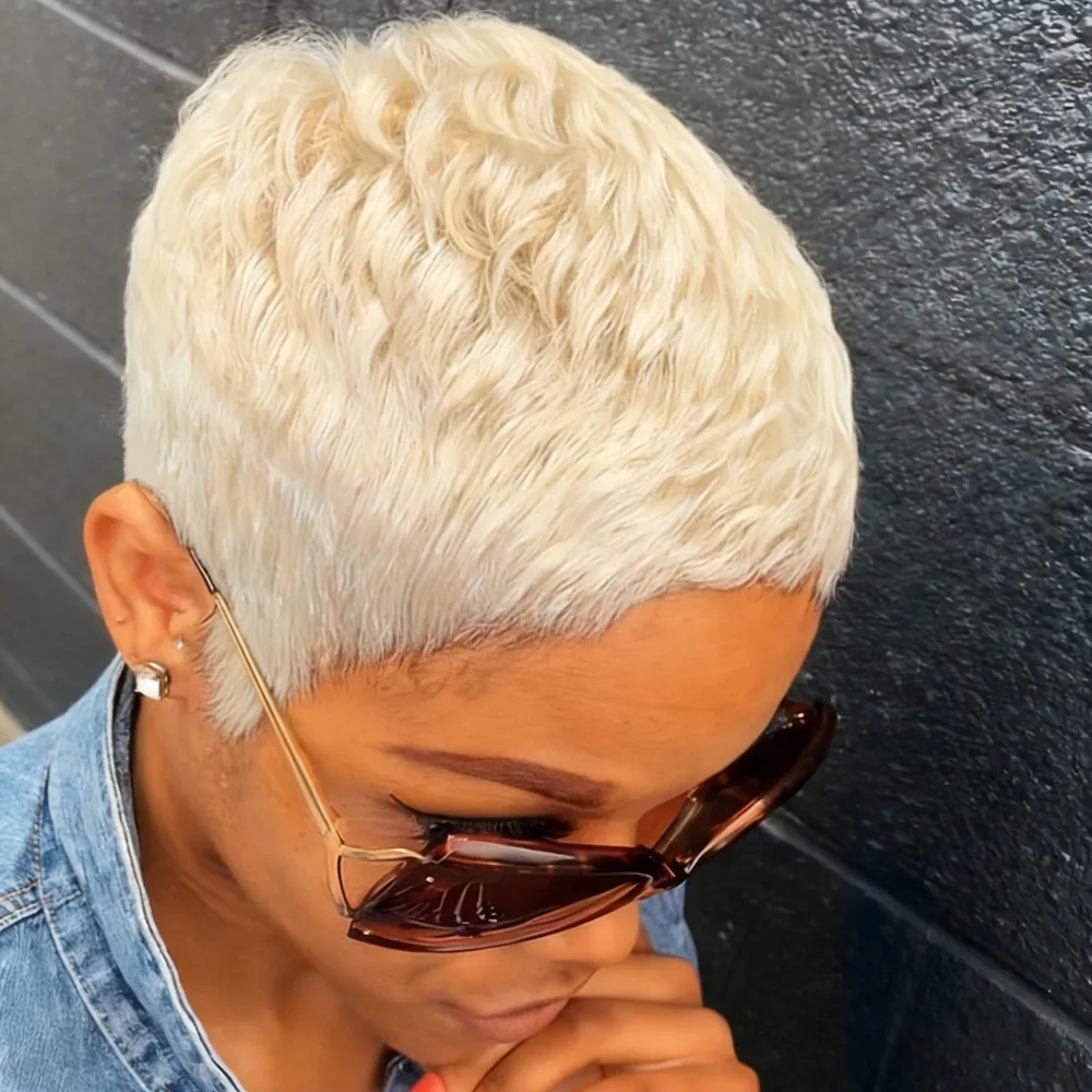 60 blonde color 4inch short wavy human hair wigs machine made wig 150% density pixie cut human hair wig daily use - Image 4