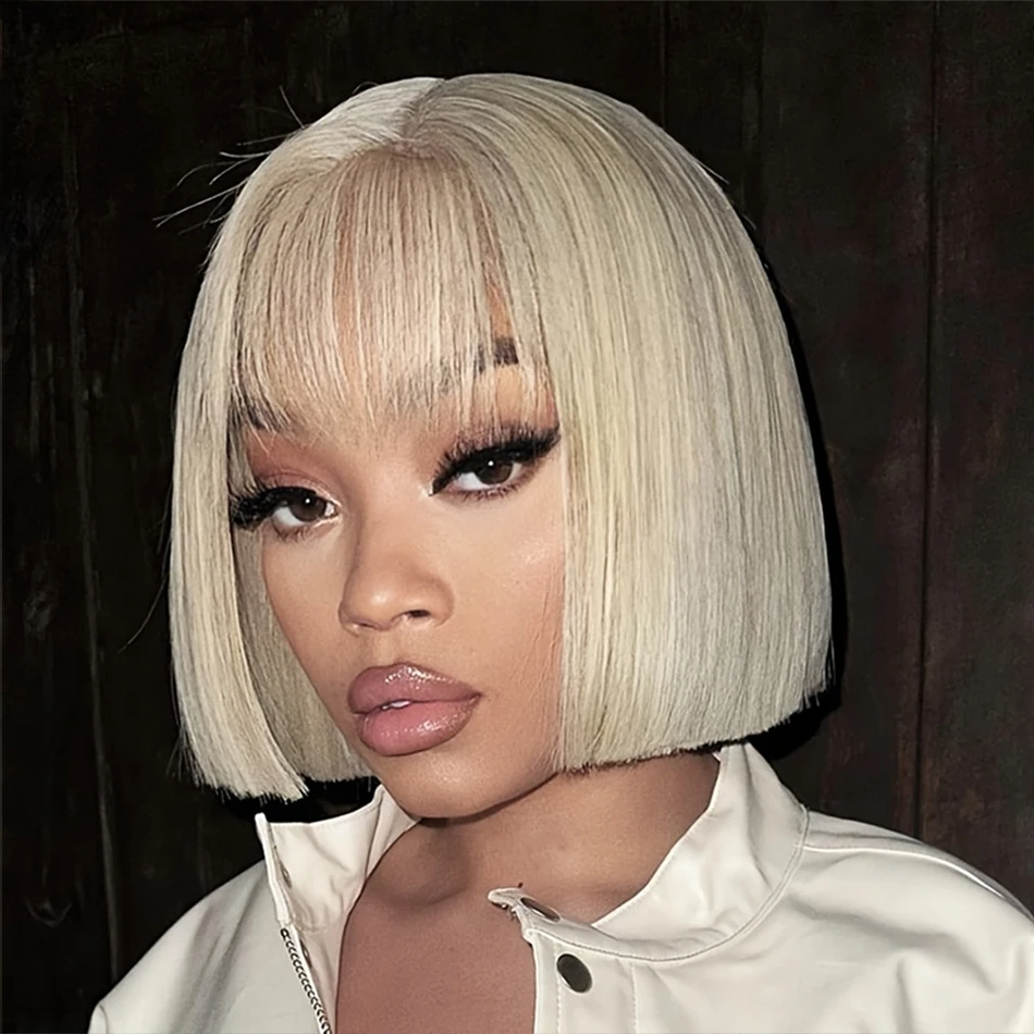 Blonde Straight Human Hair Bob Wig With Bangs Brazilian 180% Density Full Machine Made Wig For Women No Lace Bob Wig 613 Color - Image 4