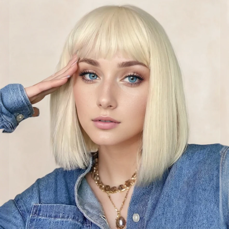 Blonde Straight Human Hair Bob Wig With Bangs Brazilian 180% Density Full Machine Made Wig For Women No Lace Bob Wig 613 Color - Image 5