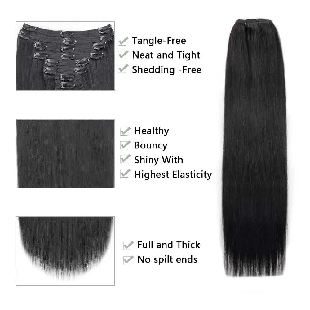 Clip ins Hair Extensions Straight Human Hair 100% Unprocessed Full Head Brazilian Virgin Human Hair Natural Color Clip ins Hair - Image 4