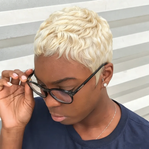 60 blonde color 4inch short wavy human hair wigs machine made wig 150% density pixie cut human hair wig daily use