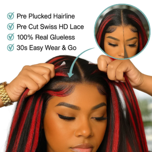 1B/99J Color No Silk No Glue Highlight Wigs 5×5 Lace Closure Glueless Wigs Ombre Red With Black Bone Straight Wigs Human Hair