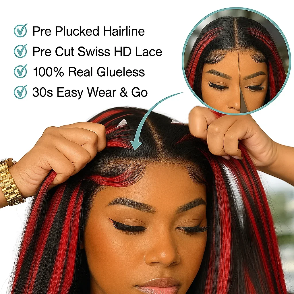 1B/99J Color No Silk No Glue Highlight Wigs 5x5 Lace Closure Glueless Wigs Ombre Red With Black Bone Straight Wigs Human Hair - Image 2