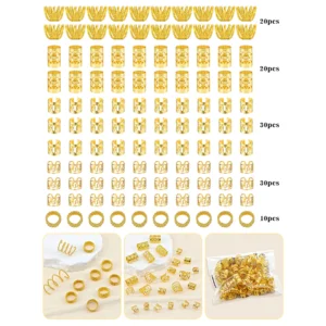 110 Pcs Gold Hair Jewelry for Braids and Dreadlocks – Metal Rings, Cuffs, Clips Accessory Decorations – Golden Yellow