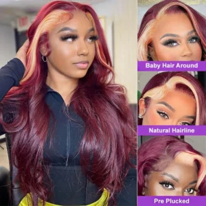 Ombre Highlight Blonde With Red Colored 13×4 Lace Front Wigs Human Hair Brazilian 30 Inch Body Wave Human Hair Wigs For Women