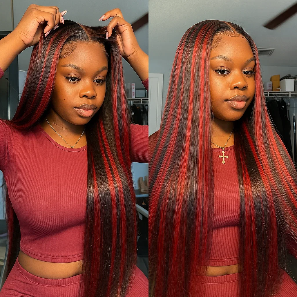 1B/99J Color No Silk No Glue Highlight Wigs 5x5 Lace Closure Glueless Wigs Ombre Red With Black Bone Straight Wigs Human Hair - Image 4