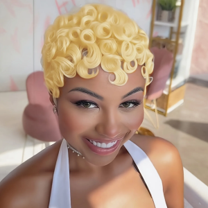 613 Blonde Pixie Cut Wig Human Hair Bob Cut Natural Look Machine Made Wig Easy Application Everyday Special Occasion Wig