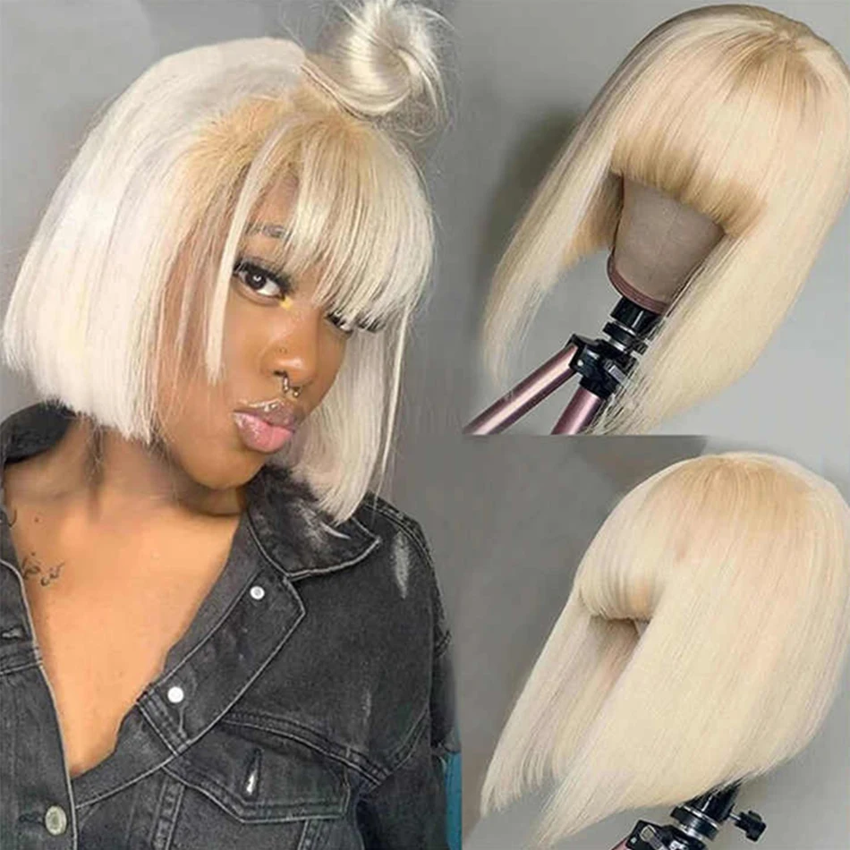 Blonde Straight Human Hair Bob Wig With Bangs Brazilian 180% Density Full Machine Made Wig For Women No Lace Bob Wig 613 Color - Image 2