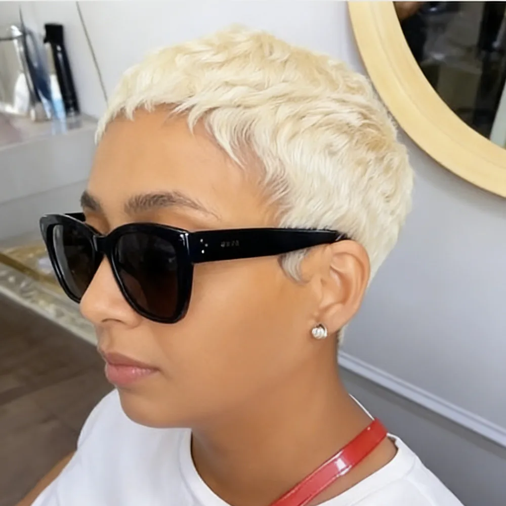 60 blonde color 4inch short wavy human hair wigs machine made wig 150% density pixie cut human hair wig daily use - Image 3