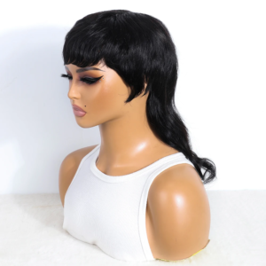 Human Hair Mullet Wig With Bangs Dovetail Natural Black Pixie Cut Full Machine Made Wigs