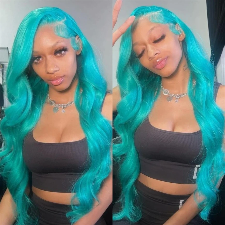 13x6 Teal Ocean Blue Lace Front Wig Human Hair Body Wave 613 Blonde Lace Frontal Wig Preplucked Mint Green Color Human Hair Wigs - Image 3