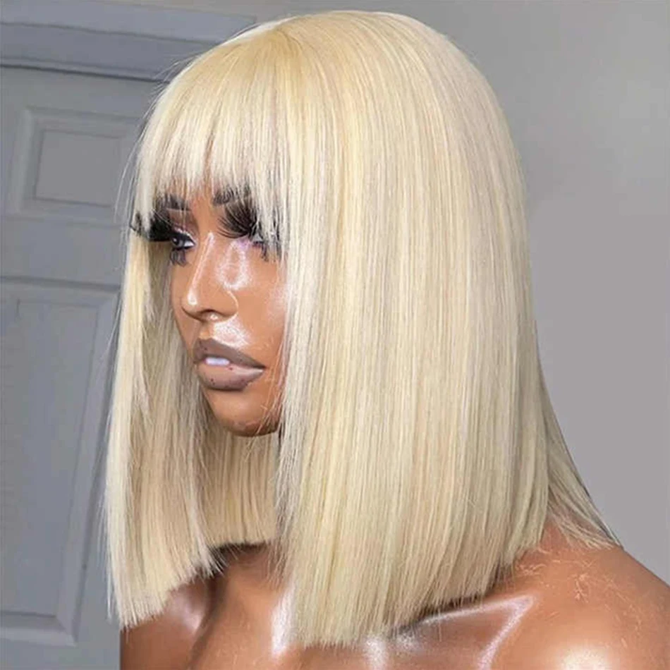 Blonde Straight Human Hair Bob Wig With Bangs Brazilian 180% Density Full Machine Made Wig For Women No Lace Bob Wig 613 Color - Image 3