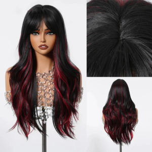 Long Wavy Black Blend Red Wig with Bangs Black Highlight Red Synthetic Wig for Punk Costume Cosplay Colorful Wig