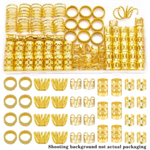 110 Pcs Gold Hair Jewelry for Braids and Dreadlocks – Metal Rings, Cuffs, Clips Accessory Decorations – Golden Yellow