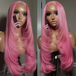 Pink Wig Layered Cut Bone Straight Lace Front Wig PrePlucked 13×4 HD Lace Frontal Wig Synthetic High Quality Daily Wear Cosplay
