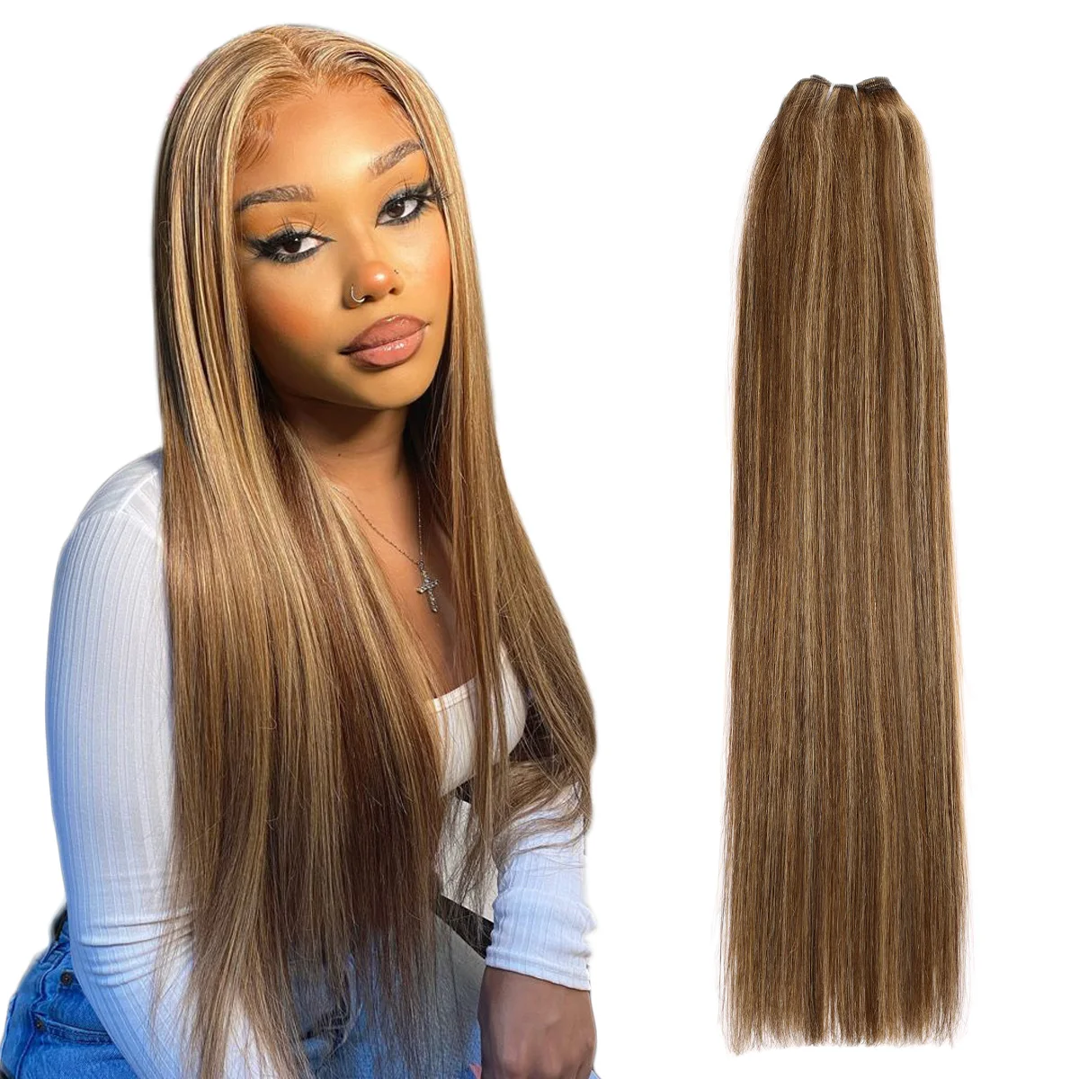 Real Beauty Platinum Blond Human Hair Bundle Brazilian Straight Hair Weave Bundles High Ratio Remy Hair Extensions Brown#4 75cm - Image 7