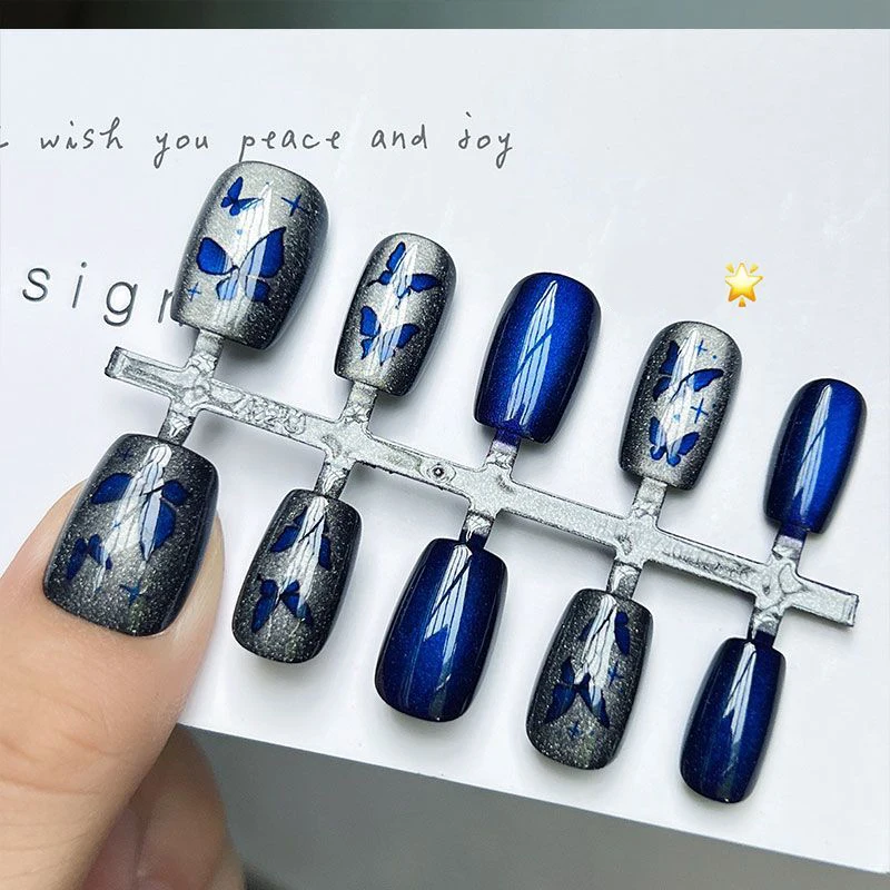 10pcs Dark Blue Shiny Butterfly Girl False Nails Short Kawaii Korean Y2k Detachable Durable Press On Woman Fake Nails Tips - Image 6