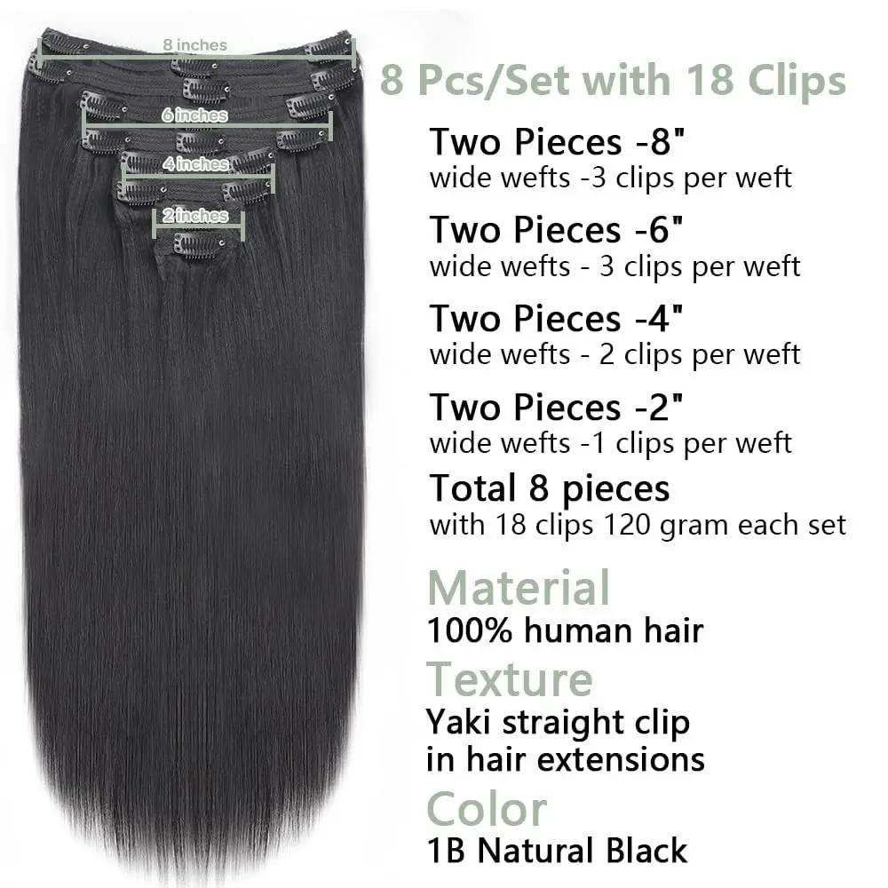 Clip ins Hair Extensions Straight Human Hair 100% Unprocessed Full Head Brazilian Virgin Human Hair Natural Color Clip ins Hair - Image 2