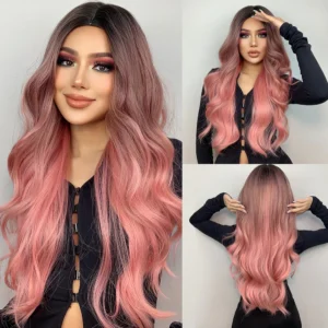 Ombre Pink Synthetic Wigs For Women Natural Wig Female Ombre Long Natural Hair Colorful Middle Part Heat Resistant Cosplay Daily